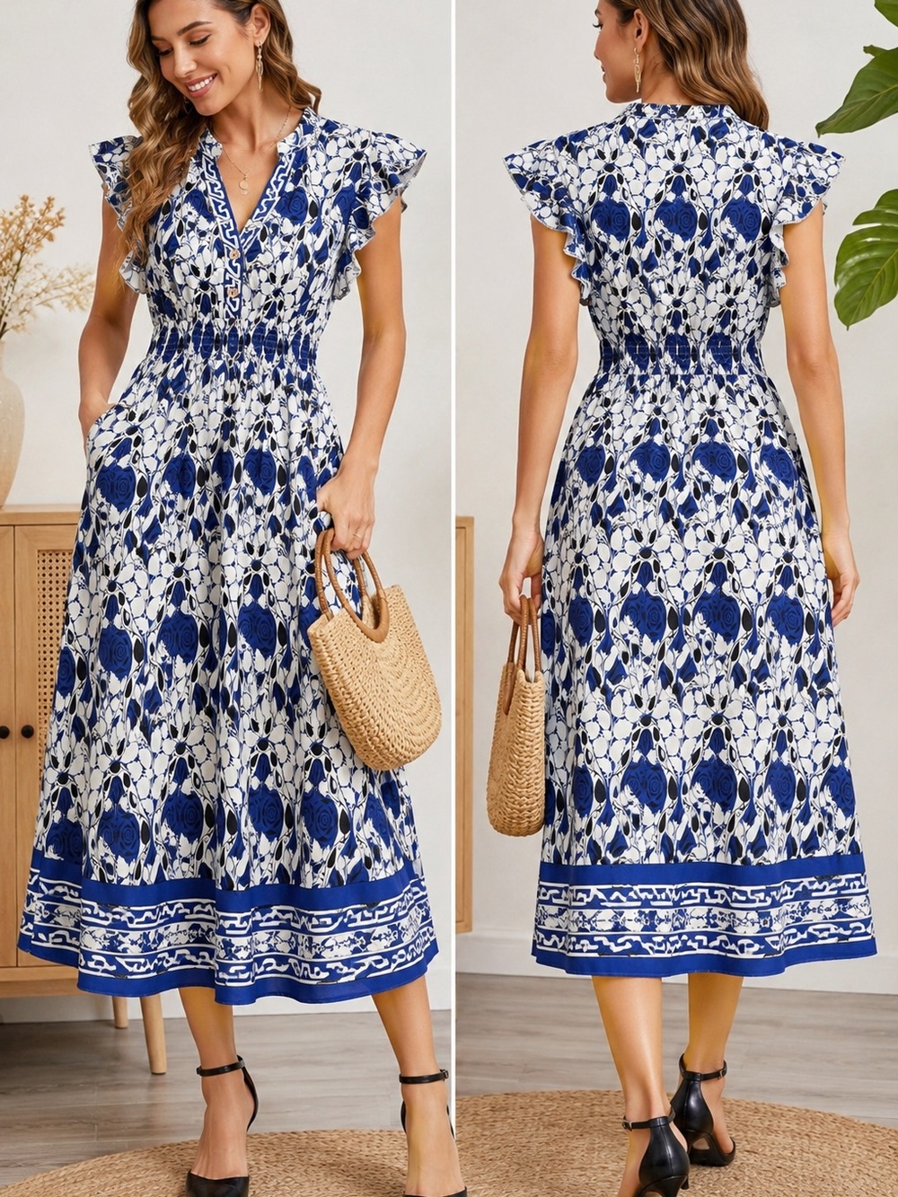 BloomChic NWT Blue White Floral Ruffle Midi Dress Pockets Size 10